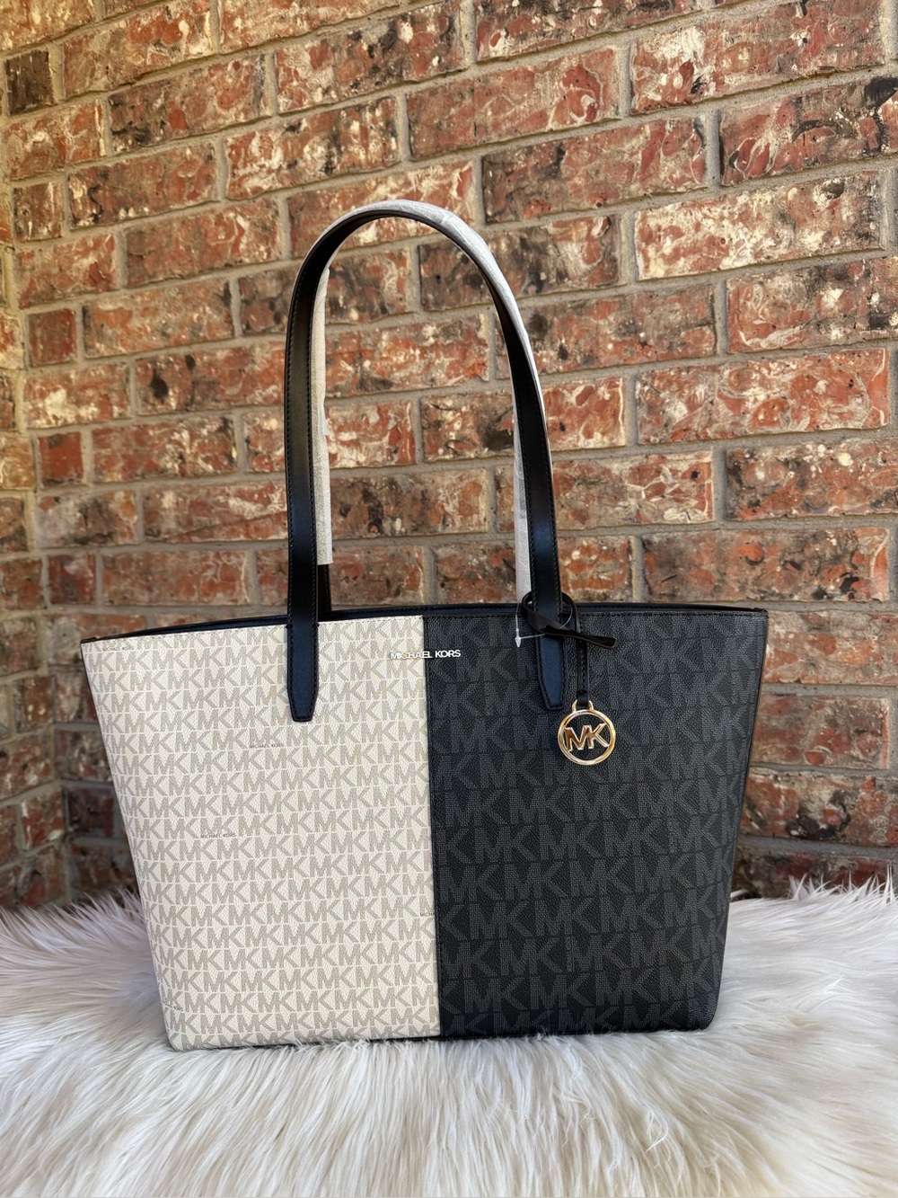 Michael Kors Two-Tone MK Logo Tote in Black & Cream